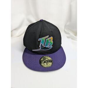 Vintage New Era Tampa Bay Rays Hat Size 8 Black Purple Wool Cooperstown 59Fifty